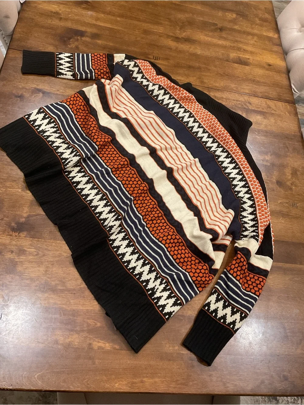 Striped Open-Front Cardigan Sweater in Black, Orange & Cream